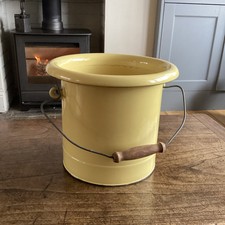 Vintage Enamel Chamber Pot Yellow Black Trim Enamelware With Handle ~ Planter?