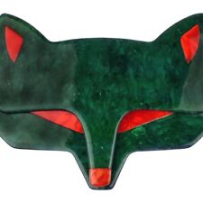 LEA STEIN Brooch Fox Wolf Head In Marbled Green And Red Acetate Paris France