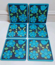 Six Vintage 60s 70s Boxed Blue Retro Flower Power Rectangular Placemats 