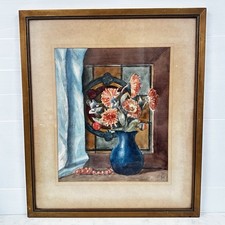 Watercolour 1930’s Art Deco Flowers Stained Glass On Paper Signed Framed (M)