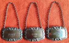 Silver PORT, GIN & SHERRY Decanter Labels. Matching Hallmarks. London 1971.