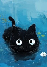Monet Black Cat Lily Pond Poster Print Lillies Picture Wall Art Decor A3 A4 A5