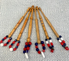 6 Wooden Lace Bobbins with Flowers, 2 Glass Strawberry Spangles Red White & Blue