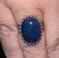BLACK OPAL RING - Sterling Silver  - lab grown Large black opal - adjustable