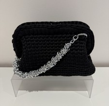 CROCHET Black Clutch Bag,Handbag,Silvery Chain Strap. T Shirt Yarn.Handmade.Gift