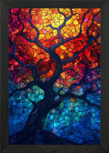 Stained glass fire - tree, framed