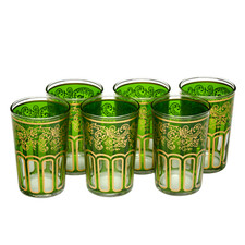 Moroccan Tea Glasses Green Classical Design Hand Painted Pack of 6