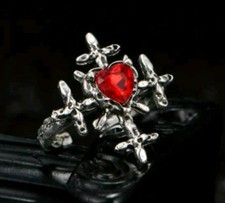 Adjustable Vintage Distressed Dark Blood Vampire Cross Ring With  Red Gemstone