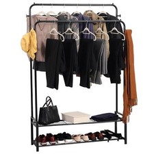 Heavy Duty Double Clothes Rail Freestanding Rack 2 Shoe Racks Hat & Bag hooks