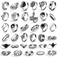 35 Pcs Vintage Silver Knuckle Rings Set for Women Men, Grunge Gothic Rings Ch...