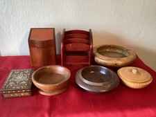 Mixed wooden lot. Bowls, boxes,  lidded pot, rotating letter rack. 