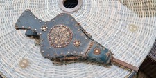 Antique Fire Bellows - Wood Brass And Leather with Tapestry Panels -  Well Used