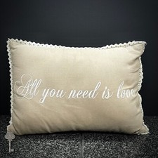 DECORATIVE CUSHION ALL YOU NEED IS LOVE EMBROIDERED LINEN PILLOW SHABBY CHIC
