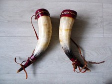 2 x Vintage Horn Drinking Vessel Cups with Leather Attachments