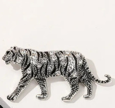 Vintage Inspired Tiger Brooch silver tone with rhinestones