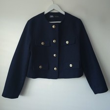 Zara Navy Boucle Short Blazer Jacket Size L Large 12 14
