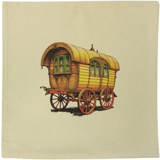 40cm x 40cm 'Vintage Romany Caravan' Canvas Cushion Cover (CV00039958)