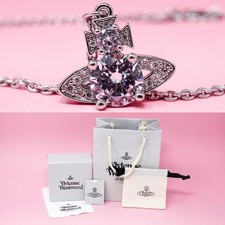 Vivienne Westwood Necklace Silver Tone Orb Pendant With White Crystals Gift Box