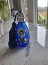 Cobalt Blue Silver Scenes  Perfume Bottle With Silver plated Daffodil Flower