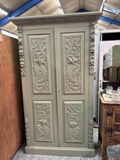 Heavily Carved Painted Green  Solid Oak Wardrobe