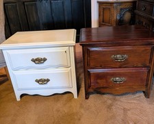 Pair of Vintage 2 Drawer Bedside Cabinets Handmade Painted & Stained Wood Brass 