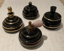 4 PIECE GLASS ART DECO PERFUME DRESSING TABLE VANITY SET BLACK GOLD VINTAGE USED