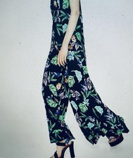 Zara Black Tropical Print Wide Frilled Hem Palazzo Trousers Culottes- XL