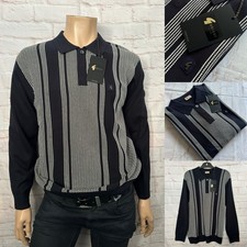 Gabicci Vintage "DANTE"  Long Sleeve Knitted Polo, 2XL, Navy/White, BNWT