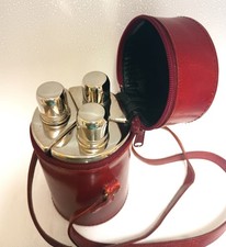 3 Bottle Flask Real Hide Case Shoulder Strap Hip Hunting Lovely Item