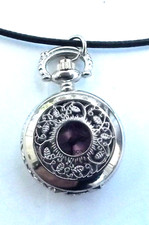 MAB London purple face watch patterned silver tone casing pendant, cord necklace