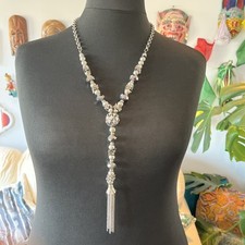 Beautiful Silver Tone Lone Tassel Necklace Glass Sparkle Beads  Lagenlook Boho