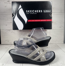 Skechers Cali Rumblers Flipflop Sandals UK 7 US 10 Black Silver Strappy Wedge