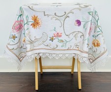 Vintage Hand Embroidered Linen & Lace Tablecloth Jacobean Style Design