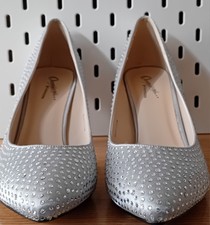 Silver Satin Dimante Slip On Court Shoes Uk 7 Occasions By Casandra 3" Heel