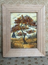 Baltic Amber Picture Nature Tree Framed Artwork Handmade Landscape Mosaic