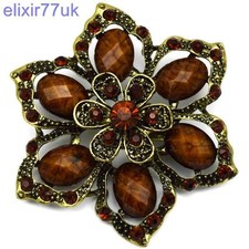 2.4" GOLD VINTAGE FLOWER BROOCH BROWN DIAMANTE CRYSTAL WEDDING BRIDAL BROACH UK