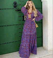 ZARA PURPLE LILAC EMBROIDERED FLORAL PRINT CAMILLE MAXI KAFTAN DRESS SIZE S 10