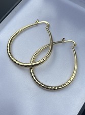 9ct Gold GF Pear Teardrop Shape Hoop Earrings Creoles Diamond Cut Patterned