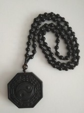 Natural Black Obsidian Yin Yang Eight Diagrams gems Pendant Necklace-UK Seller