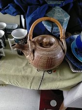 Vintage Stoneware Teapot With Cane Handle