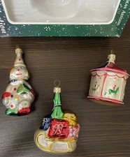 Vintage Tannenbaum Collection 3 Glass Christmas Ornaments Clown, Sled Carousel 