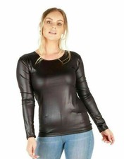 Ladies Plus Size Black PVC Wet Leather Round Neck Look Long Sleeve Top 8-26