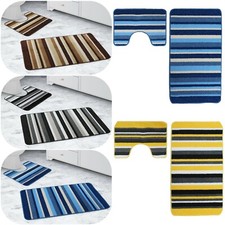 2 Piece Bathroom Multi Stripe Black Blue Brown Bath Rug Toilet Pedestal Mat Sets