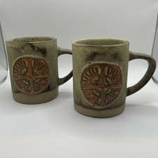 Tremar Pottery Mugs Pair Stoneware Celtic Cross Vintage