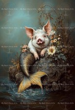 CUTE MERMAID PIG ART PRINT, Cottagecore Poster, Funny Sea Creature Decor E886