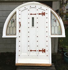 Large Arched Arch Wooden Front Door with Stained Glass Window Inset Frame