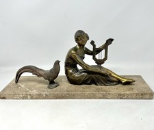 French Art Deco Figure Of Lady Woman With Lyre Pheasant Marble Base 42cm