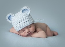 Hand Crochet Knitted Baby Hat Teddy Bear Chunky Photo Prop Boy Blue Newborn-12M 