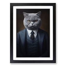 British Shorthair Cat in a Suit Framed Canvas Wall Art Print Poster Picture