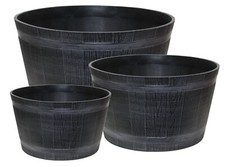 Grey Wooden Barrel Plant Pot Outdoor Garden Flower Tree Round Plastic Planter